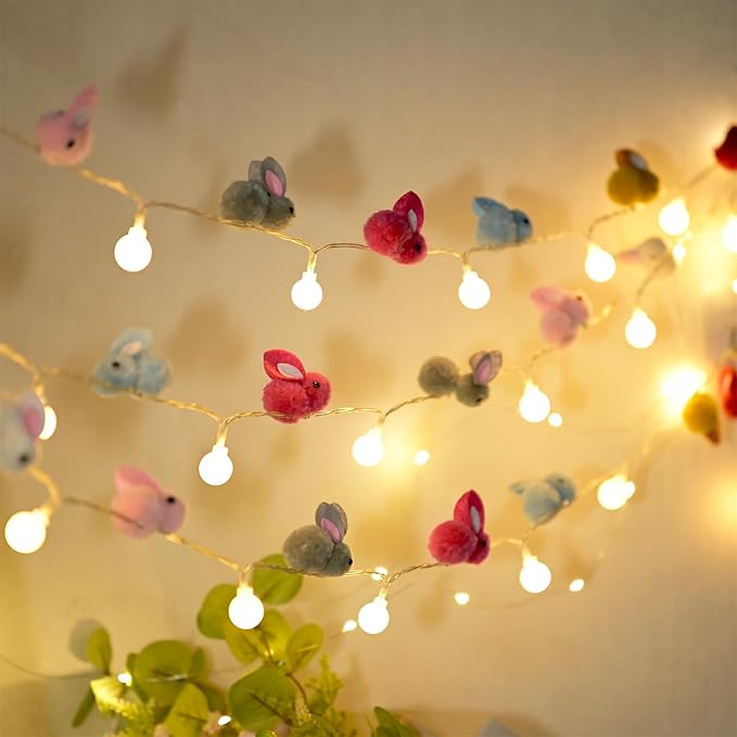 9.85Ft Easter Decor String Lights with Timer 20 Rabbit Shaped Pompoms 20 Ball LED Garland Battery Operated Easter Decorations Bunny Lights for Home Party Kids Room Bedroom Birthday Wedding Indoor-Ruum Studio Home