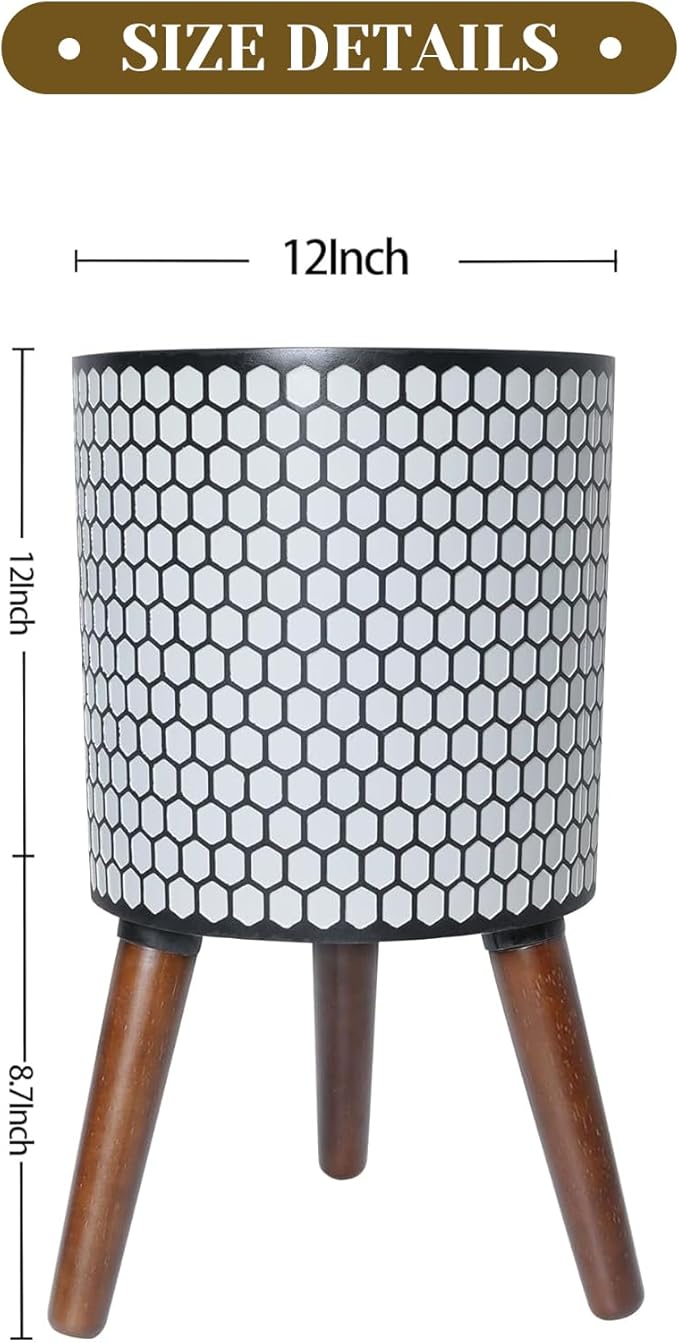 Flower Pot with Legs Tall Flower Pot with Drainage Holes for Indoor and Outdoor Decorative Planting (White Black Honeycomb, 12 Inches)-Ruum Studio Home