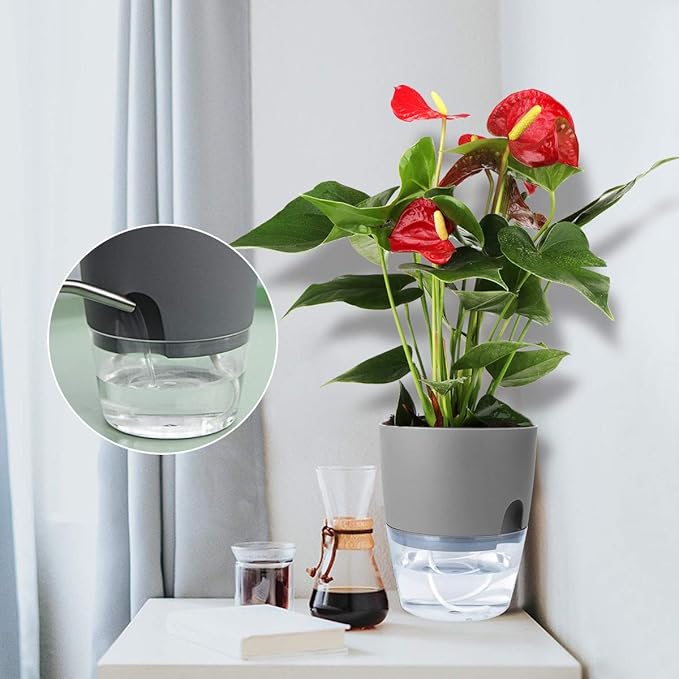 Vanavazon 6 Inch Self Watering Planter Pots for Indoor Plants, 3 Pack African Violet Pots with Wick Rope-Grey-Ruum Studio Home