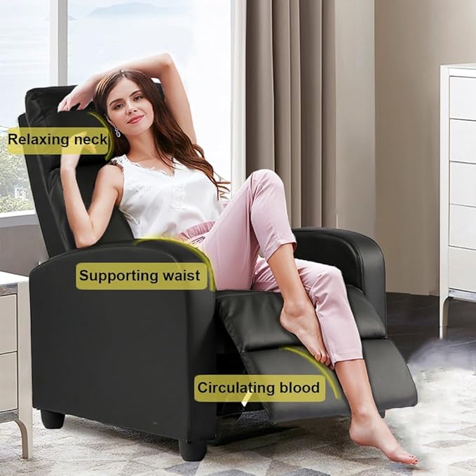 BestMassage | Recliner Chair | No Massage Function | Leather Black | with Lumbar Support, Adjustable Push Back, Wide Armrests, Footrest & Padded Seat | Easy Assembly | for Living Room, Home Theatre-Ruum Studio Home