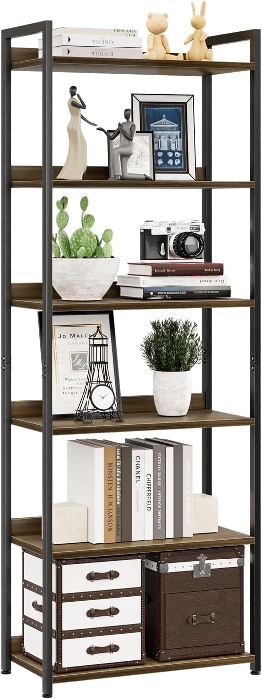 NUMENN Bookshelf, 6 Tier Bookshelves, Home Office Bookcase Shelf Storage Organizer, Free Standing Storage Shelving Unit for Bedroom, Living Room and Home Office, Dark Walnut-Ruum Studio Home