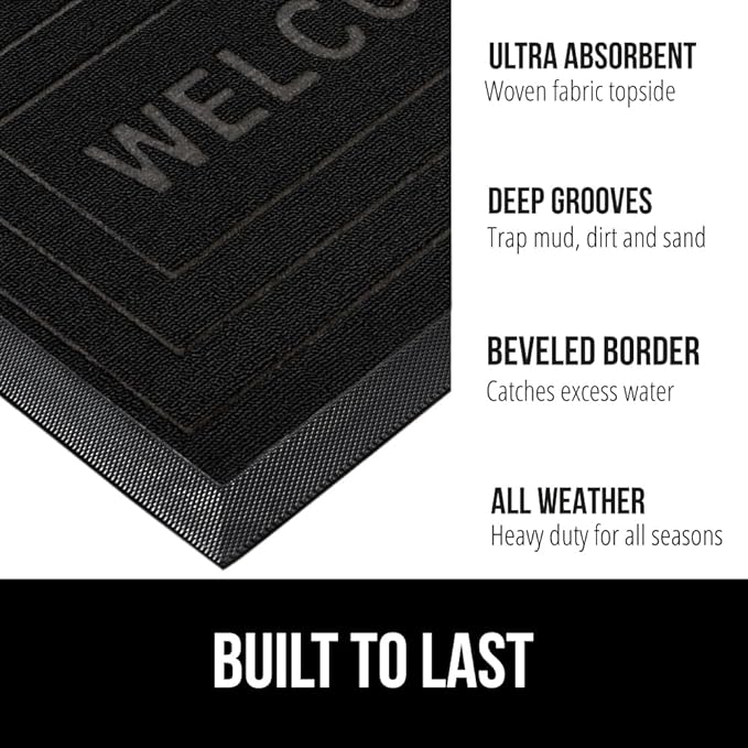 GORILLA GRIP 100% Waterproof All-Season WeatherMax Doormat, 47x35, US Designed Natural Rubber, Stain and Fade Resistant, Low Profile Indoor Outdoor Door Mats, Easy Clean Patio Mat, Black Welcome-Ruum Studio Home