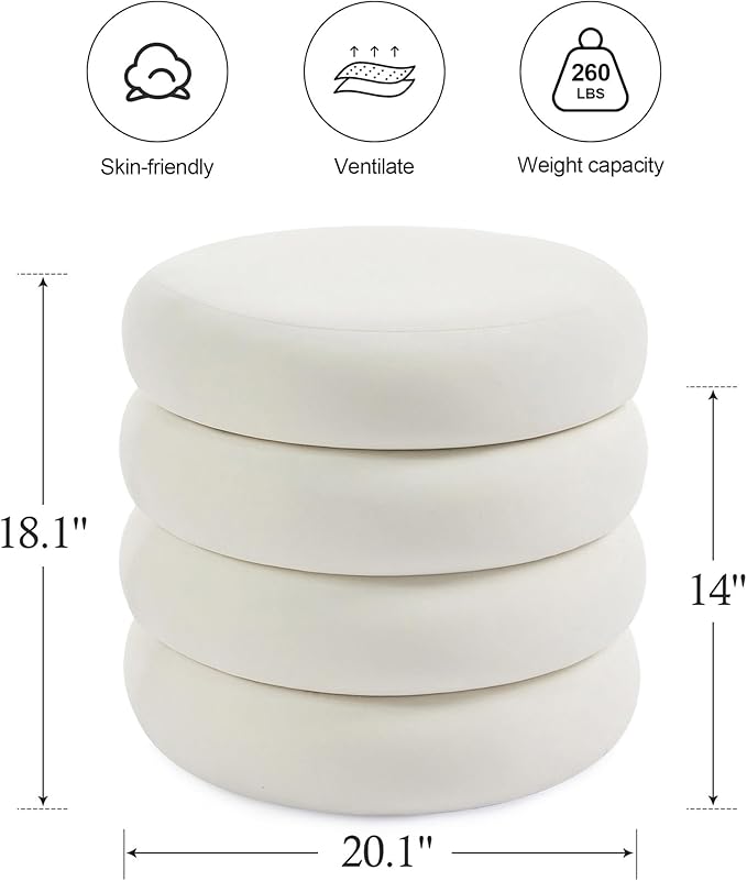 ONEVOG Round Storage Ottoman, 20" Small Ottomans Table with Removable Lid, Velvet Fabric Soft Footrest Stool for Couch, Upholstered Stuffed Circle Seat for Living Room/Bedroom/Dorm/Vanity, Lvory White-Ruum Studio Home