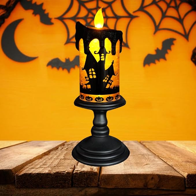 Eldnacele Halloween Snow Globe Candles Lighted Lamp, Battery Operated Spooky Spinning Water Glittering Tornado Candle Flameless Candles Table Centerpiece for Halloween Decoration Indoor(Castle)-Ruum Studio Home