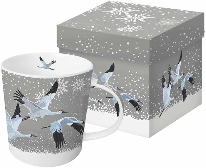 Paperproducts Design Decorative Bone China Mug Gift Box Set - Beverages, Hot, Cold Drinks, Tea – Artistic Designs, Decorated Mugs – 13.5 Ounces, Patti Gay/Two Can Art Snowfall Cranes Design-Ruum Studio Home