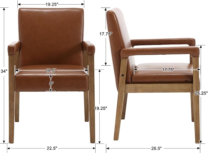 Kmax Modern Dining Chairs Set of 2 Faux Leather Kitchen Arm Chairs Upholstered Accent Chairs with Wooden Legs for Dining Room, Living Room, Bedroom, Brown-Ruum Studio Home
