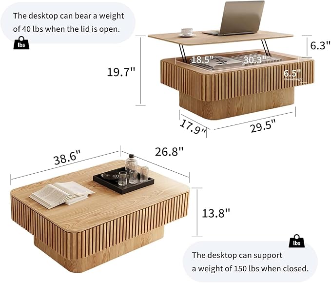 Lift Top Coffee Table with Storage, Solid Wood Coffee Table with Adjustable Height, Fluted Center Table Accent Tea Table for Living Room, Apartment, Office (38.6" Natuall)-Ruum Studio Home