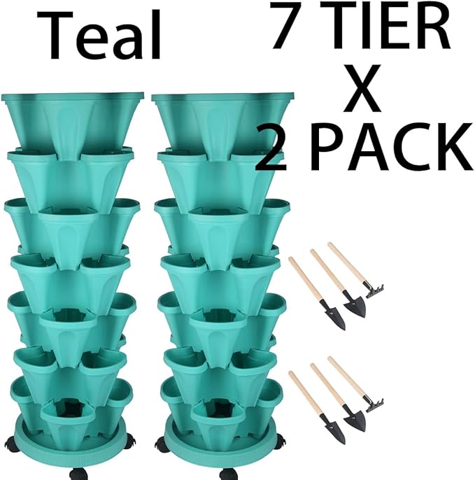 Vertical Planter 7 Tier Stackable Planters Garden Planters Strawberry Herb Flower and Vegetable Planter Indoor Outdoor Gardening Pots with Removable Wheels and Tools-Ruum Studio Home