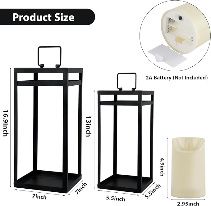 Modern Farmhouse Lantern Decor, 2Pcs Metal Candle Lanterns with Flameless Candles Black Decorative Lantern for Front Porch Covered Patio Dining Table Entryway Table Wedding Home Decor-Ruum Studio Home