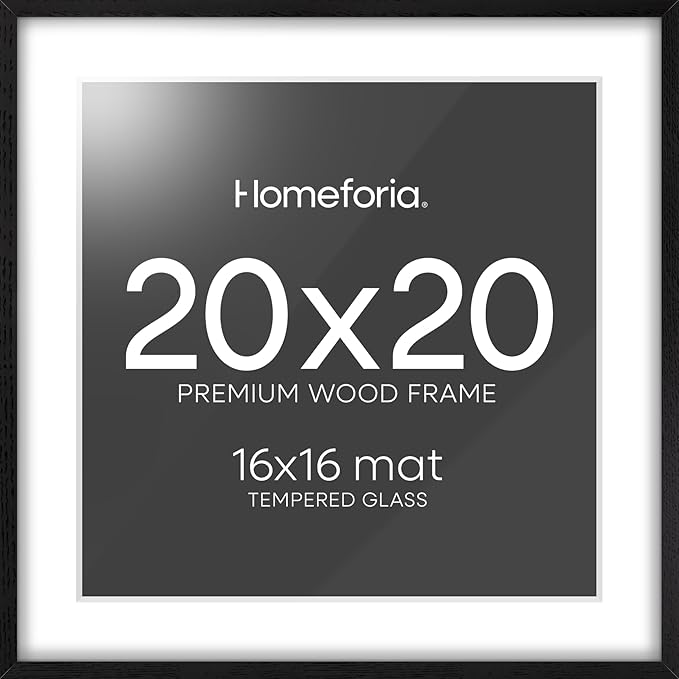 Homeforia 20x20 Black Wood Frame, High End Oak 20 x 20 Square Picture Frames with Mat 16 by 16 inches Photo, 20by20 Black Wooden Poster Frames Matted to 16x16 Print, Tempered Glass, Wall Kit, Set of 1-Ruum Studio Home