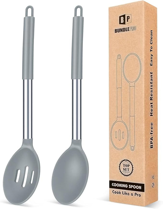 Pack of 2 Large Silicone Cooking Spoons,Non Stick Solid Basting Spoon,Heat-Resistant Kitchen Utensils for Mixing,Serving,Draining,Stirring (GREY)-Ruum Studio Home