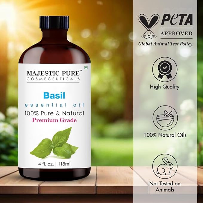Majestic Pure Basil Essential Oil with Glass Dropper - Huge 4 Fl Oz - 100% Pure and Natural Basil Oil - Premium Grade Essential Oils for Diffuser, Aromatherapy, Soap and Candle Making-Ruum Studio Home