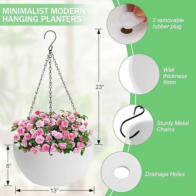 13 inch Hanging Planters for Indoor Plants, 2 Pack Planters for Outdoor Plants with Drainage Holes and Chain, Round Plastic Hanging Baskets, Hanging Flower Pots for Balcony Garden Decor-White-Ruum Studio Home