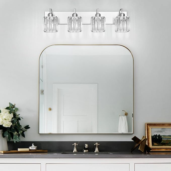 Modern Bathroom Vanity Light 4-Lights Brushed Nickel Vanity Light Crystal Wall Light Bathroom Light Fixtures-Ruum Studio Home