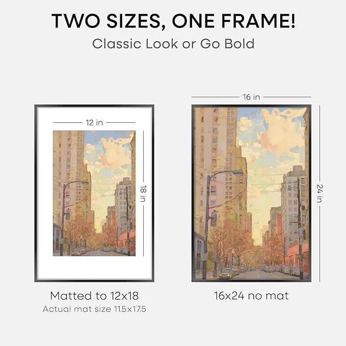 Homeforia 16 x 24 Picture Frame Black, High End Metal 24x16 Poster Frame, 16 x 24 Black Frames Matted to 12 by 18 inch Print, 24by16 Thin Frame with Mat 12x18 Photo, Tempered Glass, Wall Kit, Set of 1-Ruum Studio Home