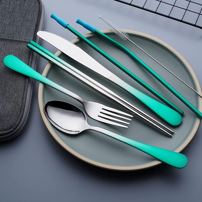 Travel Utensils Set with Case Reusable Portable Cutlery Set Stainless Steel 8pcs Including Dinner Knife Fork Spoon Chopsticks straws(Gradient Green)-Ruum Studio Home