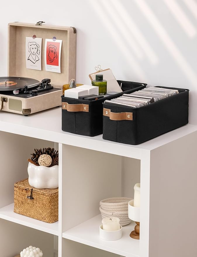 StorageWorks Narrow Storage Bins, Small Basket for Closet and Shelves, Fabric Organizer with Handles, Toilet Paper Storage, Black, 2-Pack-Ruum Studio Home