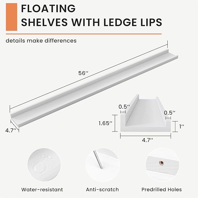 Solid Ash Wood Picture Ledge Shelf, Floating Shelves Set of 2, 56 Inch Long Large Ledge Shelves, Nursery Book Shelves Wall Mounted for Living Room Bedroom Kitchen Decor Kids Bookshelf, White-Ruum Studio Home