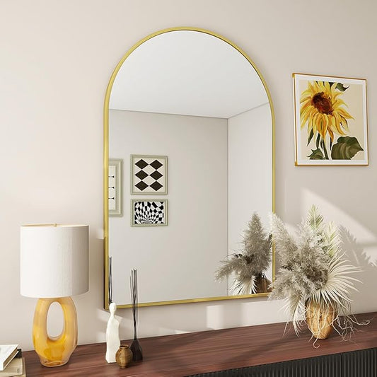 BEAUTYPEAK 20"x30" Arch Bathroom Mirror, Wall Mounted Vanity Metal Frame Mirror for Bedroom, Entryway, Living Room, Gold-Ruum Studio Home