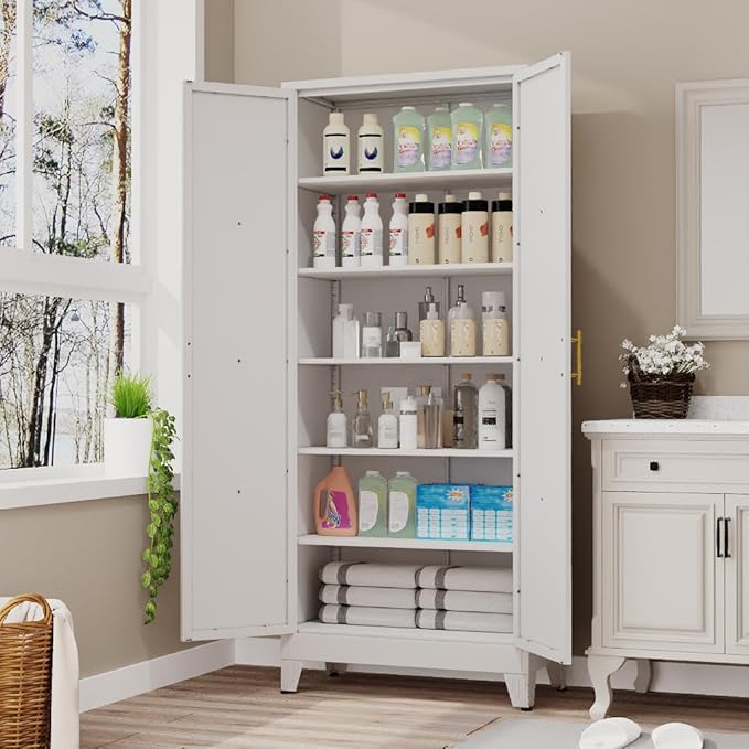 75" Tall Metal Kitchen Pantry Storage Cabinet, Freestanding Cupboard with 2 Doors and 5 Adjustable Shelves, Standing Storage for Kitchen, Bathroom, Garage, Dinning Room or Utility Room（White）-Ruum Studio Home