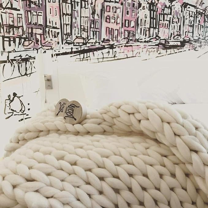 Chunky Knit Blanket Hand Made Merino Wool Throw Boho Bedroom Sofa Home Decor Giant Yarn(Ivory White 47"x71")-Ruum Studio Home