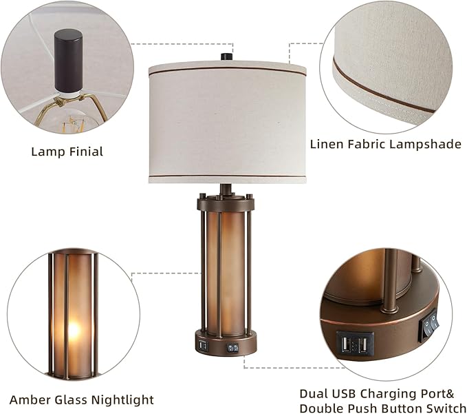 Farmhouse Table Lamps for Living Room with 2 USB Charging Ports, Vintage Rustic Nightstand Lamp with Amber Glass Nightlight, Retro Desk Lamp for Bedroom Entryway, 2 Bulbs Included-Ruum Studio Home