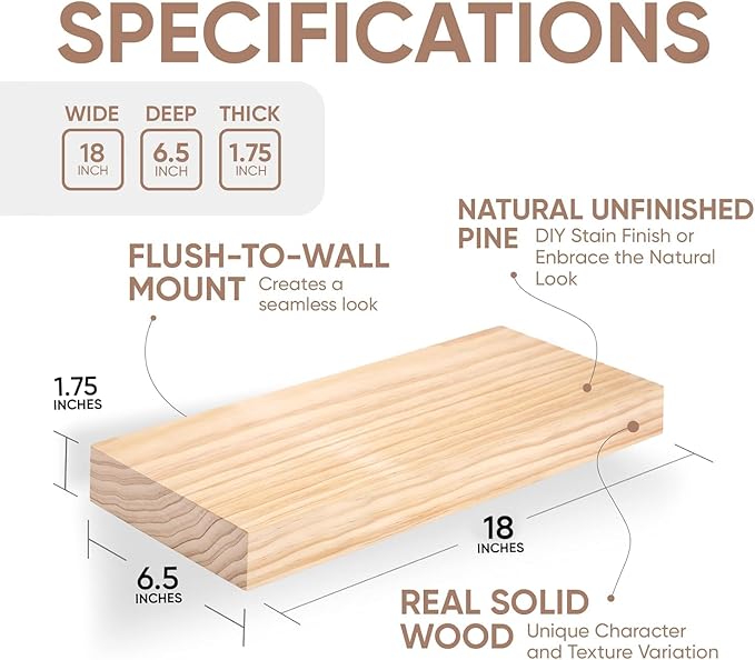Homeforia 18 inch Wood Floating Shelves, High End Solid Natural Wood 18inch Floating Shelf for Wall Mounted, Unfinished Wooden 18in Floating Shelves, Heavy Duty Bracket, 18 X 6.5 X 1.75 inch, Set of 4-Ruum Studio Home