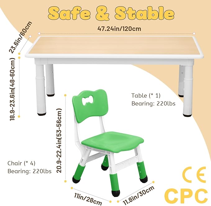 FUNLIO Kids Table and 4 Chairs Set for Ages 3-8, Height Adjustable Toddler Table and Chair Set, Easy to Wipe Arts & Crafts Table, for Classrooms/Daycares/Homes, CPC & CE Approved(5 pcs Set)-Multicolor-Ruum Studio Home