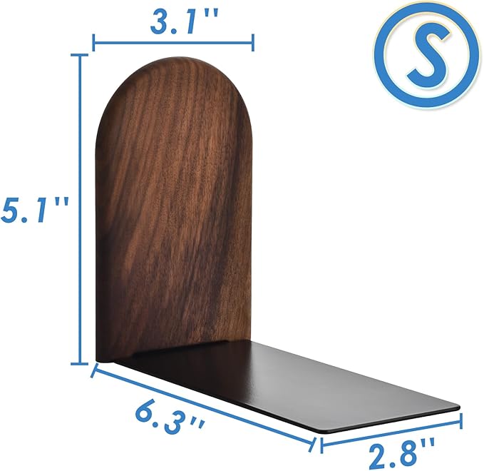 Book Ends, Sturdy Wooden Bookends for Shelves - Heavy Duty Non-Slip Book Organizers, Decorative Bookend Holders for Home Office, Library, Black Walnut Universal Economy Bookend, Small, 1 Pair-Ruum Studio Home