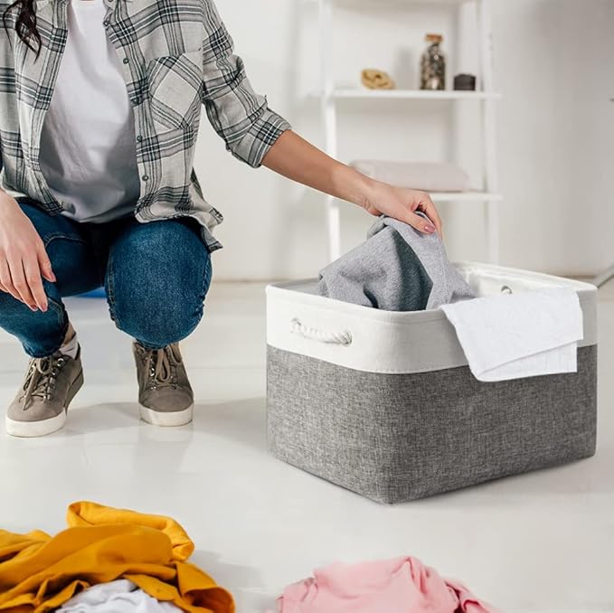 Storage Basket for Shelves - 17X15X12 inch 2 Pack Fabric Cube Storage Bin Collapsible Baskets for Organizing with Rope, Storage Box for Cloth Decorative (White & Grey)-Ruum Studio Home