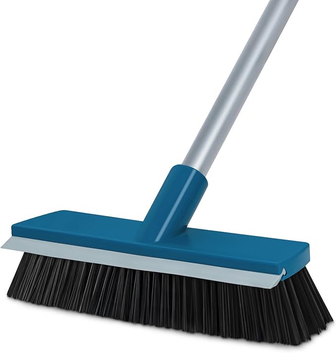 Stiff Bristle Deck Brushes for Scrubbing Heavy Duty with Rubber Scrape Squeegee, 55” Long Handle Scrub Brush for Bathroom Shower Carpet Outdoor Floor Cleaning (Head Size: 10.8”)-Ruum Studio Home