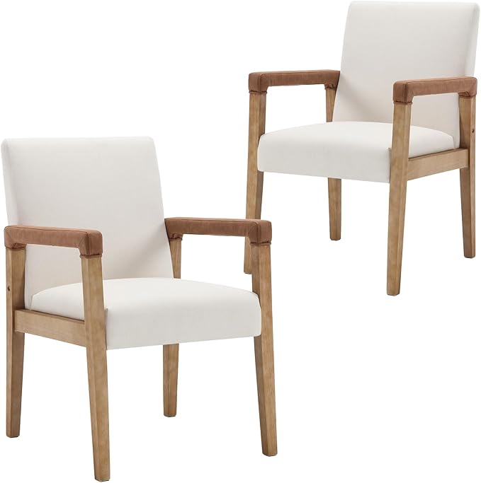 Mid Century Modern Dining Chairs Set of 2 Linen Fabric Upholstered Living Room Side Chair, Kitchen Arm Chair with Solid Wood Legs for Home Kitchen & Restaurant, Linen White-Ruum Studio Home
