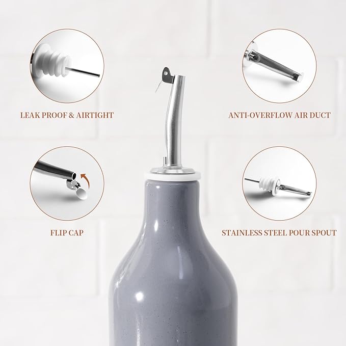 famiware Milkyway 16oz Ceramic Olive Oil Dispenser Bottle, Olive Oil and Vinegar Dispenser Bottle Set of 2 with Stainless Steel Pourers, Suitable for Storage Vinegar, Liquids, Dark Gray-Ruum Studio Home