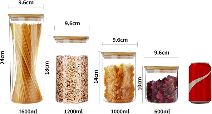 SIXAQUAE Glass Food Storage Containers Jar Seal Bamboo Lids 4 Packs 1000ml Airtight Canister Organization Sets Stackable…-Ruum Studio Home