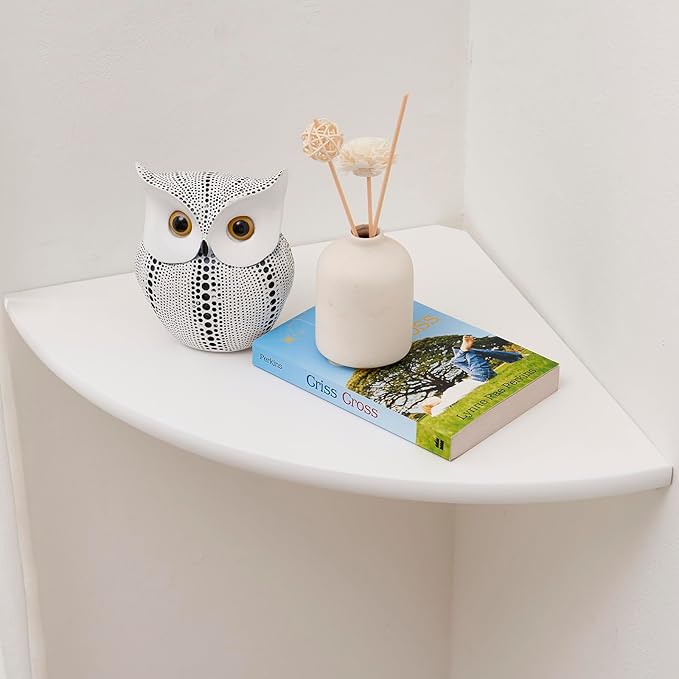 Corner Shelf, White Solid Oak Wood Floating Corner Shelves Wall Mount Round End Floating Speaker Rack Display Shelf for Small Plant Photo Frame (White, 12in)-Ruum Studio Home