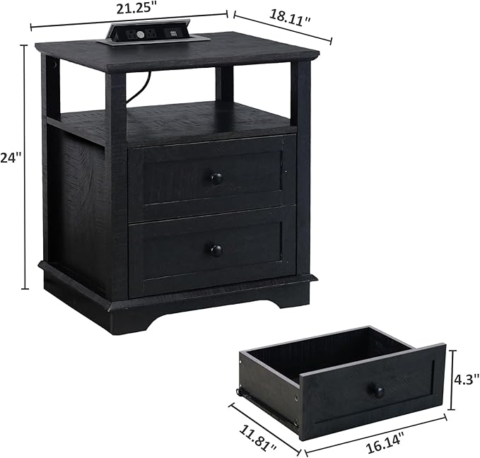 HIFYOBRO End Table with 2 Drawers and Charging Station, Type-C & USB Port & Power outlets, Wooden Storage Nightstand, Large Side Table with Storage for Living Room and Bedroom-Ruum Studio Home