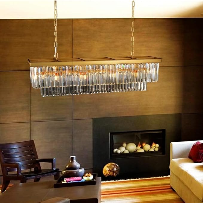 L39.4 W10.2 Gold Rectangle Modern Crystal Chandeliers Lighting Pendant Ceiling Lights Fixture Lamp for Dining Living Room-Ruum Studio Home