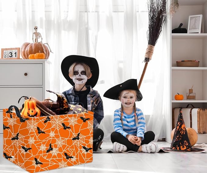 HIYAGON Rectangular Halloween Basket for Boys and Girls Kids Trick or Treat Pumpkin Basket for Halloween Parties Cute Storage Bin Organizer Box Room Decor(Bat spider web)-Ruum Studio Home