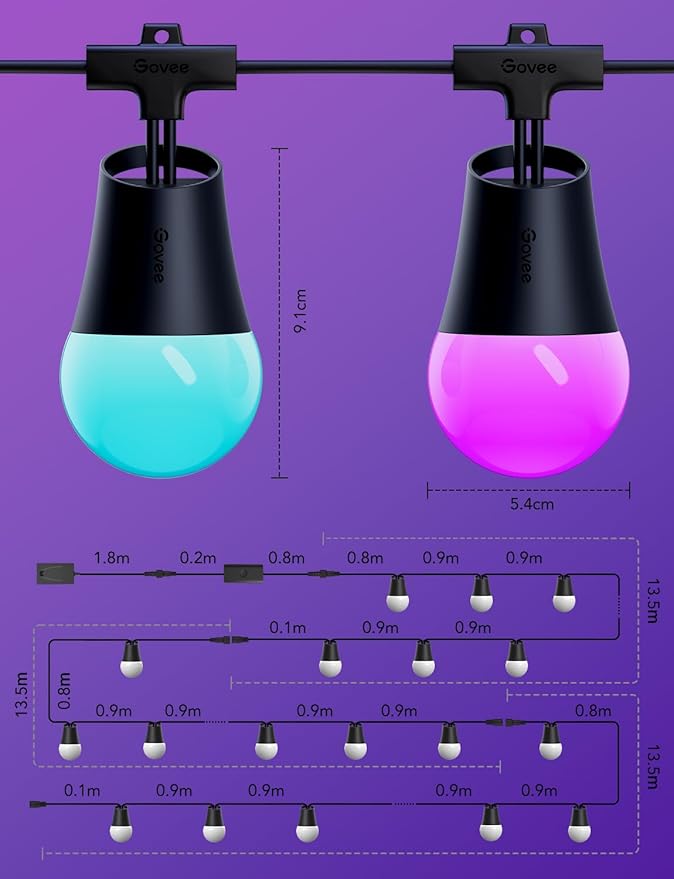 Govee Smart Outdoor String Lights 2, 144ft Outdoor Lights with Dimmable Warm White LED Bulbs, 47 Scene Modes for Patio, Backyard, Balcony, IP65 Waterproof, Works with Alexa, App Control-Ruum Studio Home