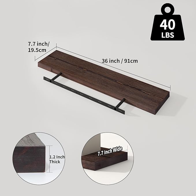 SAUMONIERES Floating Shelves 8 Inch Deep Solid Wood Wide Wall Shelf Set of 2 Wall Mounted for Bedroom Bathroom Living Room Kitchen, 36 Inch Walnut-Ruum Studio Home
