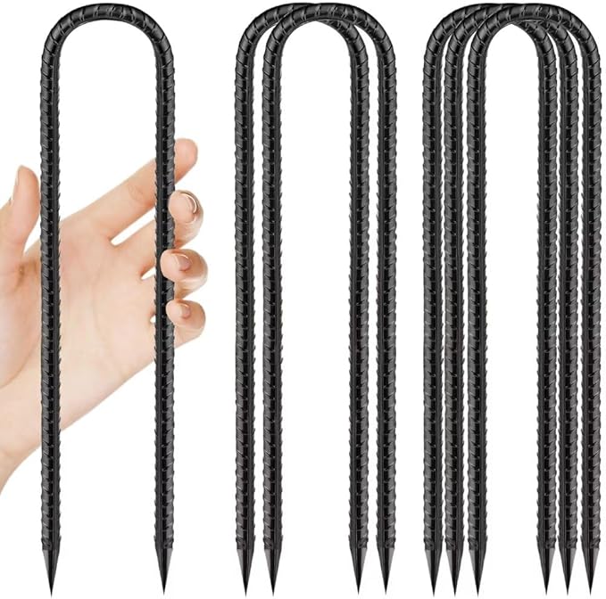 Ground-Stakes-Heavy-Duty-12 inch, U-Hook Rebar Stakes Black Coated Anti-Rust 6pcs Garden Stakes Metal Ground Anchors for Garden Dog Fence Chicken Coop Christmas Decorations Deer Fence-Ruum Studio Home