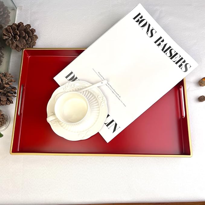 Red Decorative Tray, Rectangular Serving Tray with Handles, Plastic Coffee Table Tray for Ottoman, Living Room, Kitchen Tabletop, 15.6” x 10.2” x1.37”-Ruum Studio Home