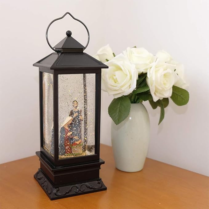 Eldnacele Musical Snow Globe Lantern Lighted Lamp USB Lined in Swirling Glitter Water Lantern Lamp Christmas Nativity Decoration Hurrican Light Timer 12" (Nativity)-Ruum Studio Home