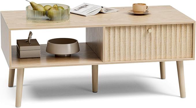 Coffee Table with Storage, Boho Dining Table with Fluted Drawer and Solid Wood Legs, Small Coffee Tables for Living Room, Oak-Ruum Studio Home