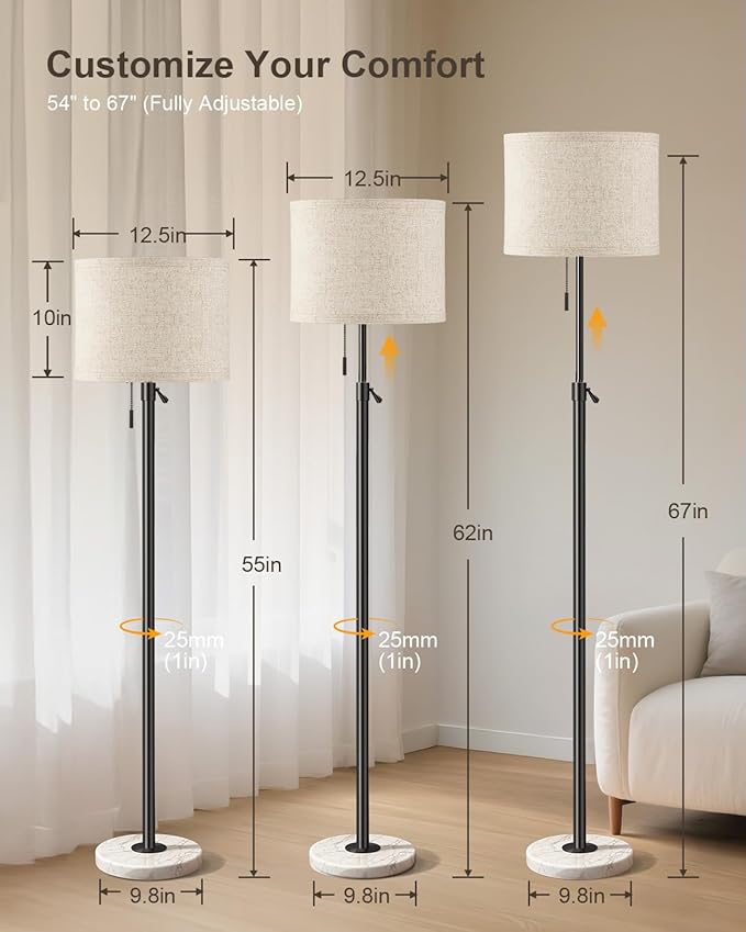 Floor Lamp for Living Room - Adjustable Height Standing Lamp with Marble Base & Linen Shade - Tall Pole Floor Light with 3 Color Temperatures Bulb for Bedroom, Reading - Easy Assembly-Ruum Studio Home