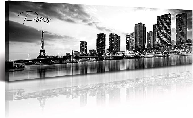 DJSYLIFE Paris Eiffel Tower Skyline Wall Art Black and White Modern City Night View Panoramic Cityscape Picture Paintings Canvas Prints Office Room Home Decoration Artwork Framed 13.8"X47.3"-Ruum Studio Home