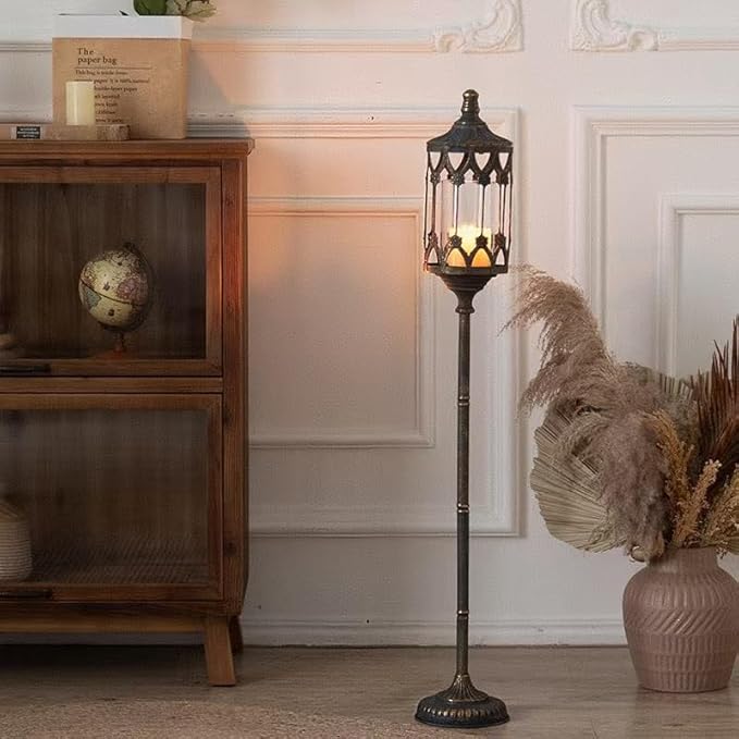 Vintage Floor Candelabra - 37.1" Tall Antique Gold Candle Holder with Glass Lantern, Rustic Gothic Metal Pillar Stand for Home Decor, Wedding & Event Centerpiece-Ruum Studio Home