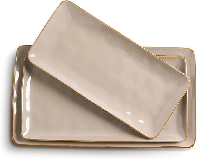 famiware Serving Platter, Rectangular 15.67/14.1/12.6 inch Serving Dishes for Entertaining, Microwave Dishwasher Safe, Stonware Serving Trays for Party, Turkey, Cheese, Ocean Series, Cinnamon Brown-Ruum Studio Home