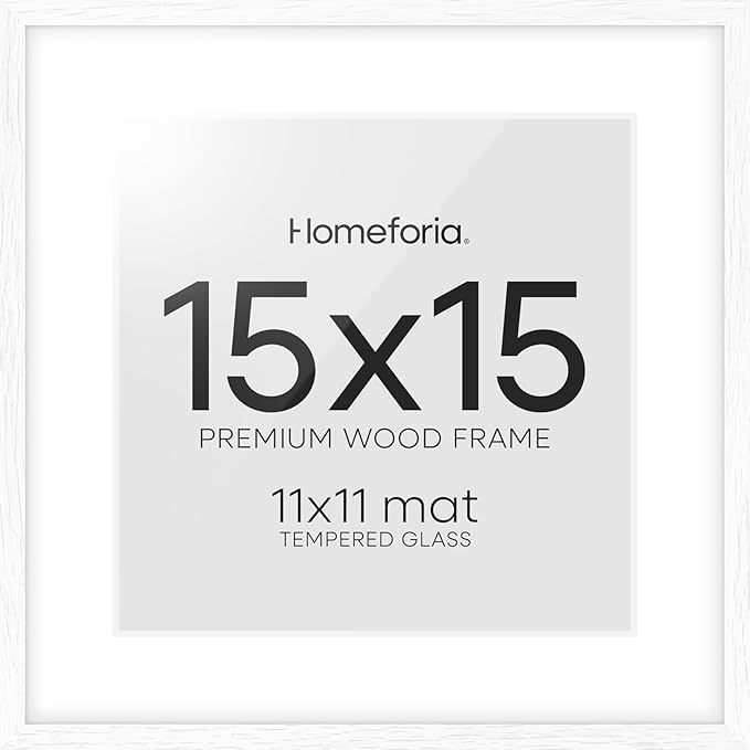 Homeforia 15x15 White Picture Frame, High End Oak 15 x 15 Square Wood Frames with Mat 11 by 11 inches Photo, 15by15 White Wooden Poster Frames Matted to 11x11 Print, Tempered Glass, Wall Kit, Set of 1-Ruum Studio Home