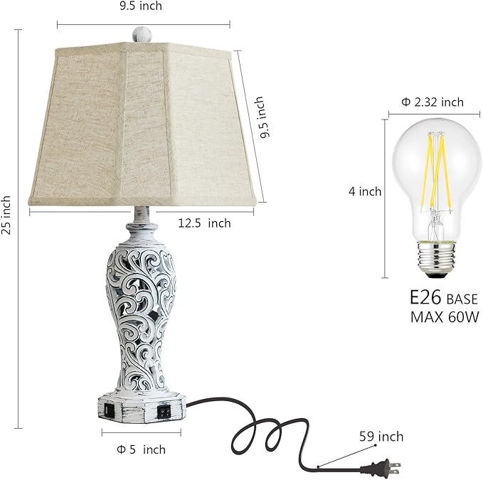 25'' Farmhouse Table Lamps Set of 2 for Living Room Bedroom, 2 USB Ports Rustic Vintage Nightstand Table Lamp with Nightlight, Hollow Out Resin Lamp for End Table (Bulbs Included)-Ruum Studio Home